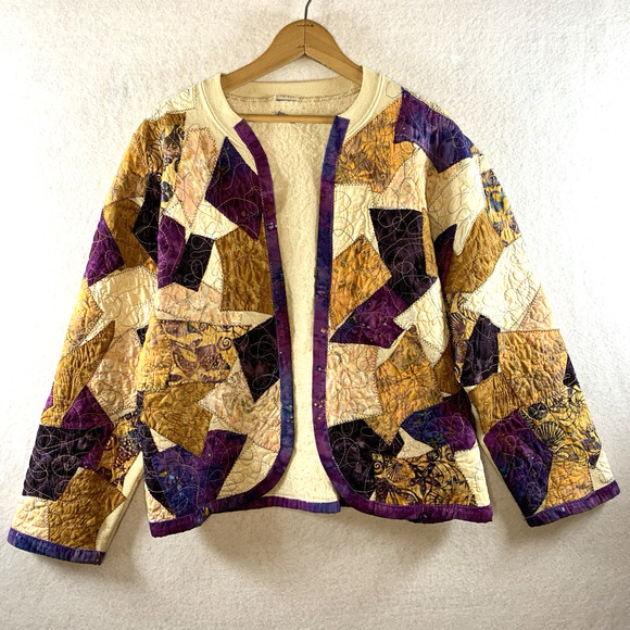Patchwork Quilted Women Cardigan Jacket Sz L/XL Boho Hippie Cottage Folk Boxy - Picture 1 of 12